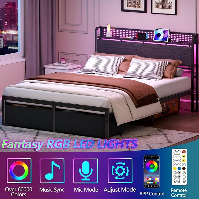 Queen Bed Frame with Headboard Storage, Charging Station, Drawers | 2-Tier Wood Shelves,LED Lights,1200 Lbs Capacity,USB & Type-C Ports,No Box Spring Needed,Noise Free,Easy Assembly,Rustic Grey