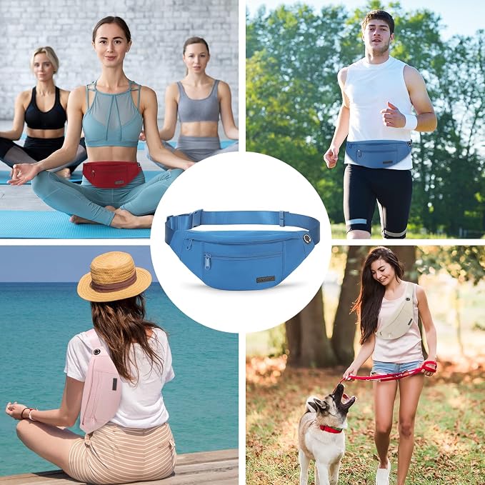 Large Blue Crossbody Fanny Pack for Women Men Belt Bag Fit All Phones | 4-Zipper Pockets,Nylon,Fashion,Gifts for Enjoy Sports Yoga Running Workout Walking Casual