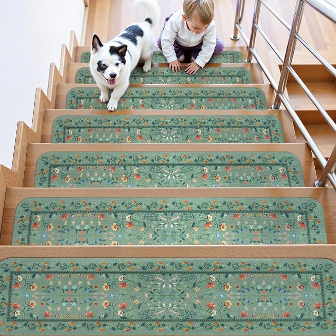 OJIA Non-Slip Stair Runner for Wooden Steps 15PC 30"x8" Carpet Stair Treads | Indoor Floral Stair Treads Carpet Stair Mats Staircase Step Treads for Kids, Elders and Dogs, Stair Covers, Green