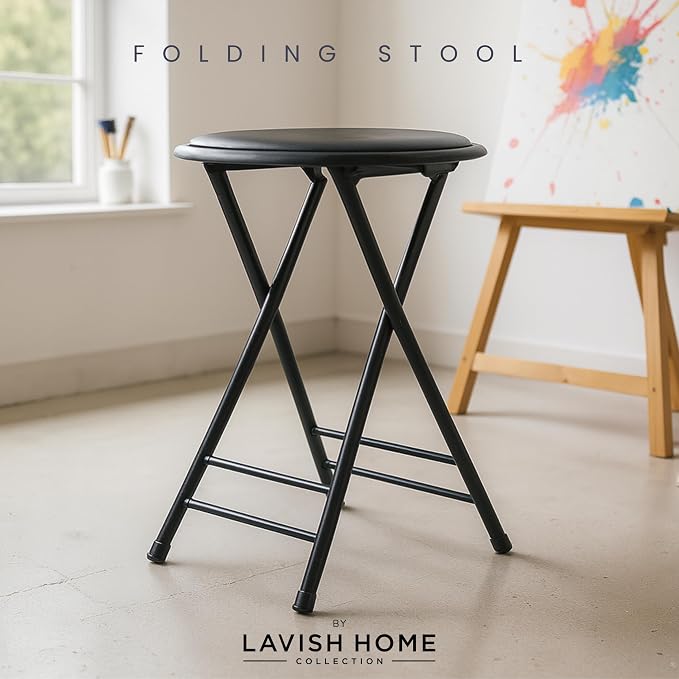 Lavish Home Folding Stool with Padded Backless Seat, Black, 24 Inch | Counter Height Bar Stools with 225lb Capacity, Portable Indoor & Outdoor, Extra Seat for Kitchen, Rec Room or Camping