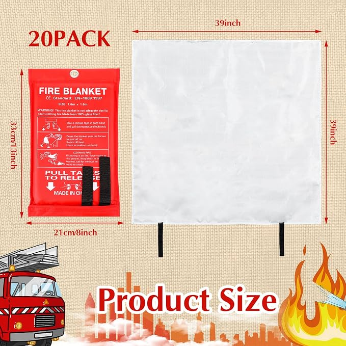 Macarrie 20 Pack 39” x 39” Fire Blanket Emergency for Home and Kitchen Safety Suppression Blanket Fiberglass Fireproof Survival for Fireplace Car Office Camping (Red)