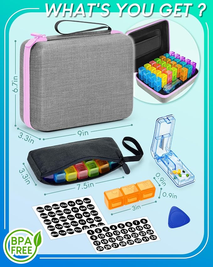 Monthly Pill Organizer 3 Times a Day with Weekly Pill Bags, Portable Hard Shell Case, Pill Cutter & Opener Pick, Monthly and Weekly Stickers for Medication Management (Purple, 3 Times a Day)