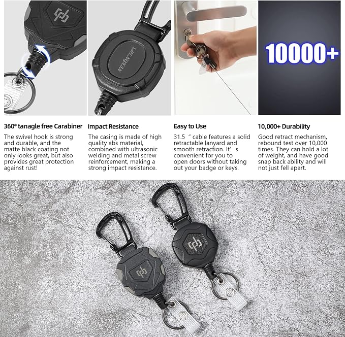 SHENGXIN 2 Pack Retractable Keychain Heavy Duty Carabiner Badge Holder, Tactical ID Badge Reel with 32” Steel Retractable Cord, 8.0 OZ