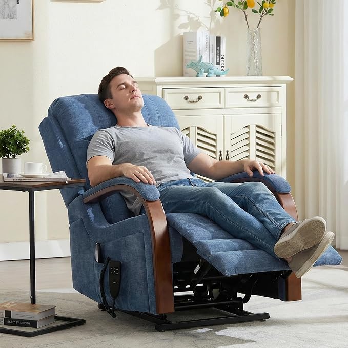 Power Lift Recliner Chair for Elderly People, Dual Motor Lift Chair with Vibration Massage and Heat, Lay Flat Recliner with Solid Wood Armrest, Standing Assistance Reclining, Chenille Fabric Blue