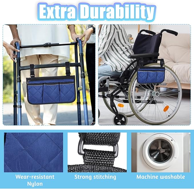 YBEATY Walker Bag Walker Storage Bag with Reflective Strips Folding Basket Wheel Chair Accessories Bags Lightweight Hand Free Storage Carrier Tote Universal Size for Seniors Rollator Accessories(Blue)