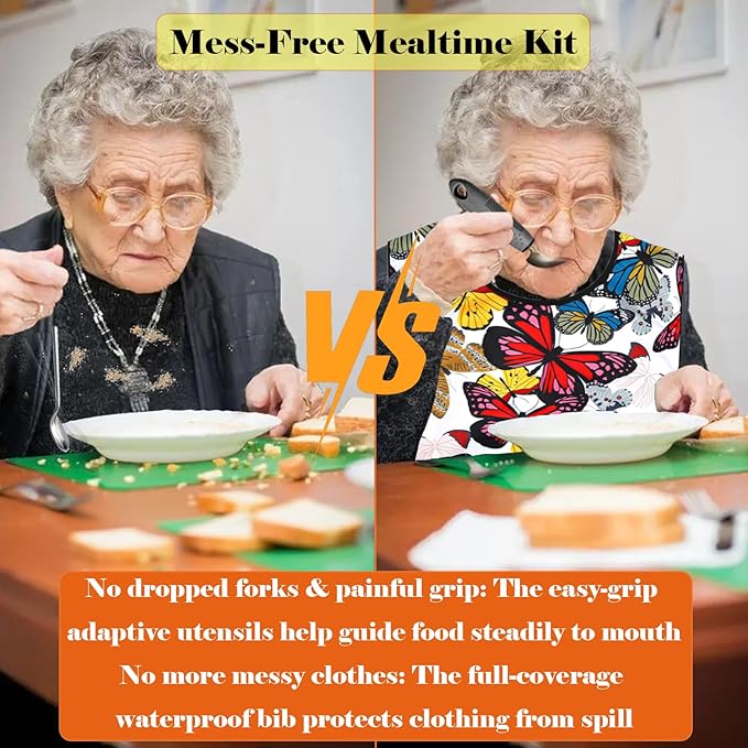 Adaptive Utensils with Adult Bibs - 4pcs Weighted Utensils Set (2.5oz Each) for Hand Tremors, Elderly, Parkinson's, Arthritis - Non-Slip Easy Grip Handles for Independent Eating