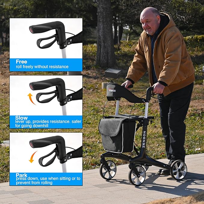 Rollator Walker for Seniors/Adults Foldable Rolling Walker with Seat 440 lbs Capacity 4 Big 7.9 inch Wheels Hand Grips Adjustable Height Lightweight Carbon Fiber Walker Removable Back Support