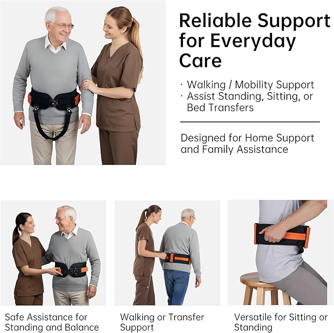 Upgraded Gait Belt with Metal Buckle, Transfer Belt with Handles and Leg Straps, Lift Belt for Seniors, Walking Support, Mobility and Elderly Assistance (Orange, Medium)