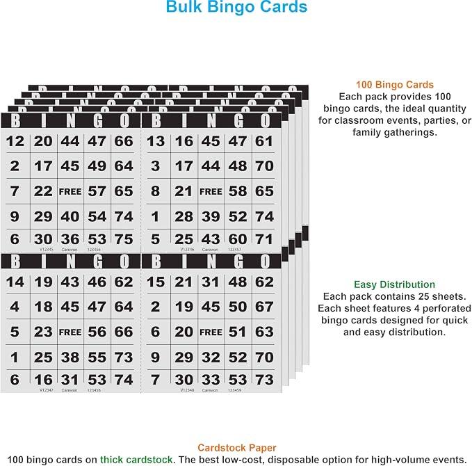 100 Bingo Cards, Large 4.5 x 4.5 Inch, White, Paper Bingo Sheets | 8 Color Options, Premium Cardstock, Disposable with Daubers or Reusable with Chips — Proudly Made in USA