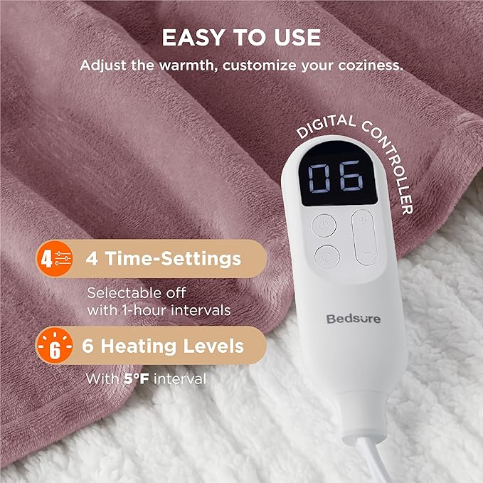 Bedsure Heated Blanket Throw Blanket - Fast Heating Electric Blanket, Soft Flannel Heated Throw with 4 Time Settings, 6 Heating Settings, Warm Gifts for Girls Women Grandma (50x60 inches, Woodrose)