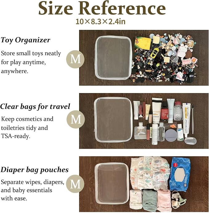4 pcs Clear Zipper Pouches, Hard Shell Zipper Case, Makeup Organizer | Travel Toiletry bag, Diaper Bag, Travel Organizer, Clear Cosmetic Bag,Toy Storage Bins (M+3S Pink)