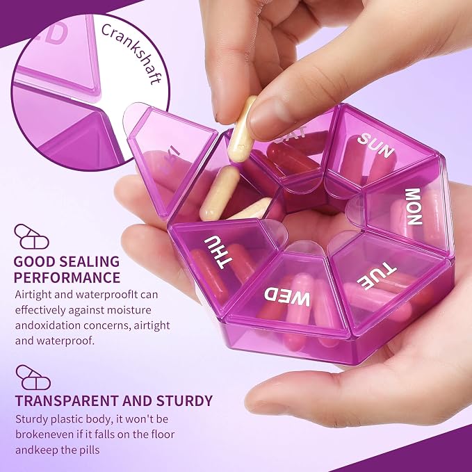 6 Count Heptagon Weekly Pill Organizers – 7-Day Pill Boxes with Mon–Sun Labels, 3.27" Portable Vitamin Case, Secure Snap Lids, 9 Color Sets for Travel & Daily Storage