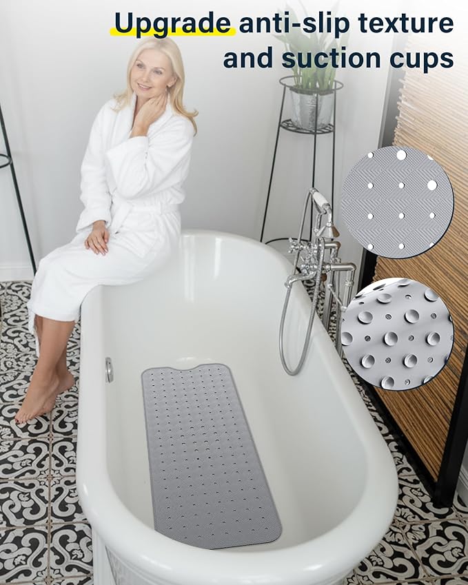 Non Slip Bathtub Mat for Tub & Shower, Machine Washable 40"x16" Anti Slip Bath Mat with 2 Hooks, Soft & Comfortable and Extra Large for Families, Grey