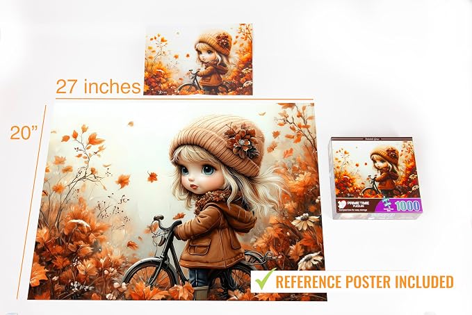 Adult Jigsaw Puzzle 1000 Piece Autumn Scene | Features a girl with a bicycle amid colorful fall leaves. Great for game nights on a table, puzzleboard, or floor.