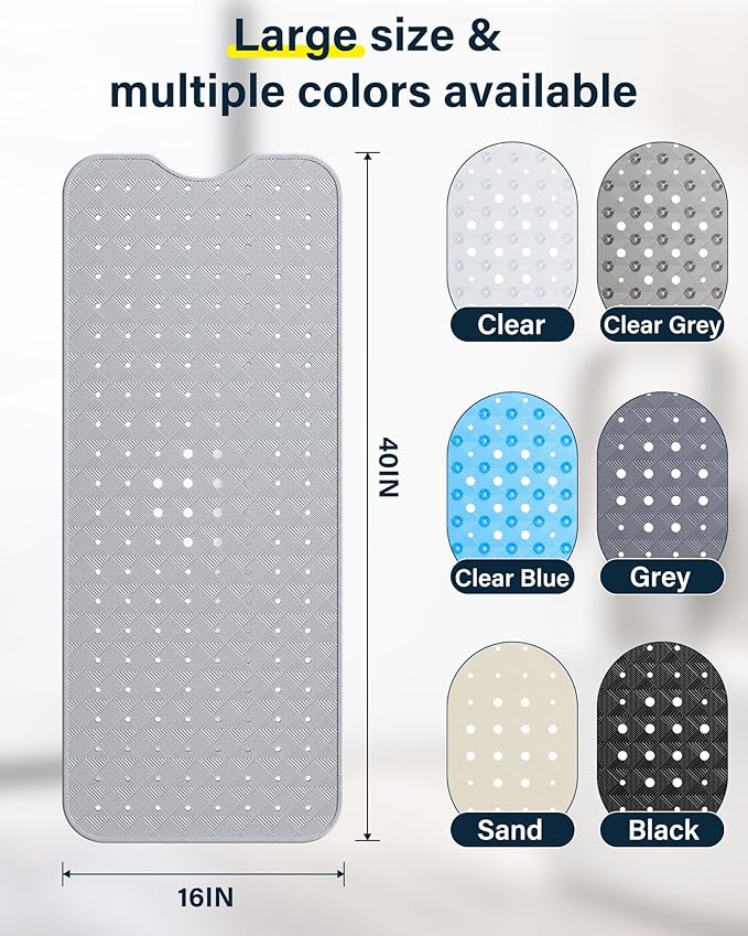 Non Slip Bathtub Mat for Tub & Shower, Machine Washable 40"x16" Anti Slip Bath Mat with 2 Hooks, Soft & Comfortable and Extra Large for Families, Grey