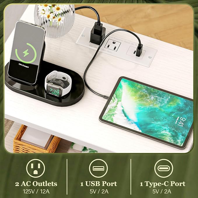 SUPERJARE Nightstand Set of 2 with Charging Station, USB-C Port, End Tables | Night Stand for Bedroom, with Adjustable Fabric Drawer, 3-Tier Storage Bedside Tables for Living Room, White
