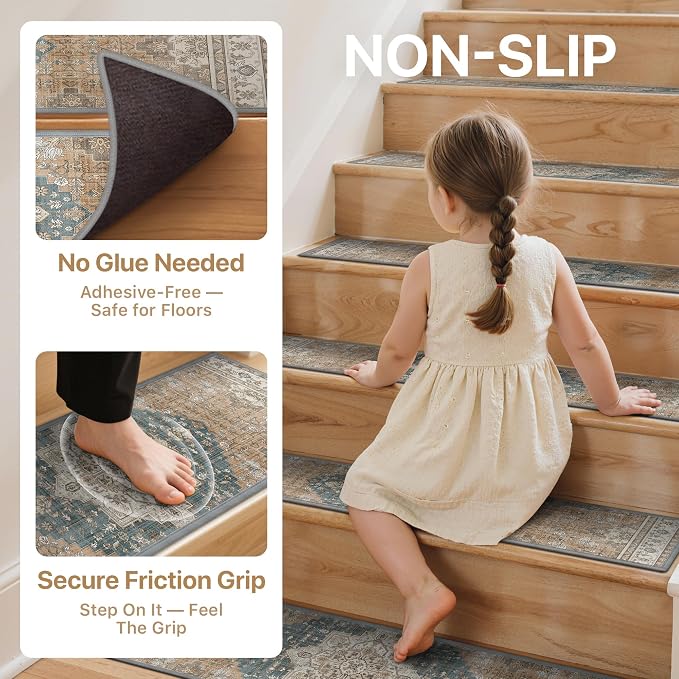 sarben 8"x30" Non Slip Stair Treads for Wooden Steps 15 Pack, Blue Brown | Peel and Stick Carpet Stair Runner with TPE Adhesive Backing, Carpet for Added Safety, Pet and Senior Friendly