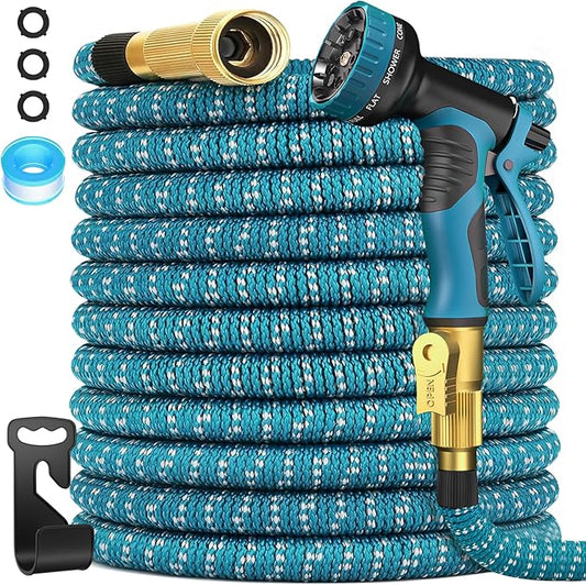 100 ft Expandable Garden Hose - 2026 Newly No-Kink 5-Layer Latex Core Water Hose with 10-Pattern Nozzle, Flexible, Lightweight, Leak-Free, 3/4” Solid Brass Fittings, 3750D Retractable Expanding Hose