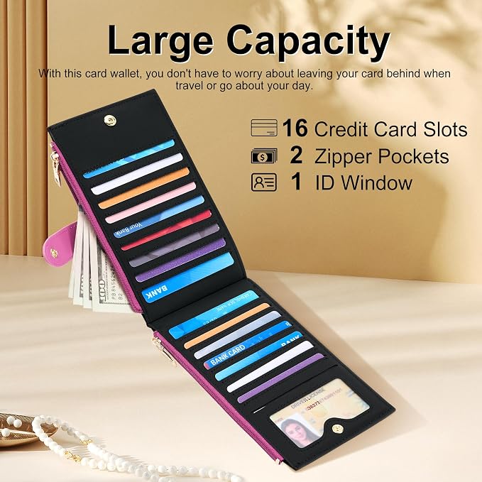 Travelambo Womens Leather Bifold Wallet, Slim RFID Blocking Card Holder | Large Capacity, 16 Card Slots & ID Window, 2 Zipper Pockets, Dual Snap Closure, Slim Lightweight, RFID Privacy Protection