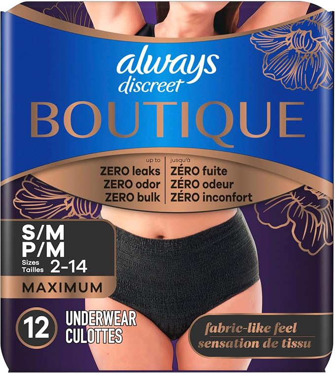 Always Discreet Boutique Incontinence and Postpartum Underwear for Women, Maximum Protection, Small/Medium, Black, 12 Count