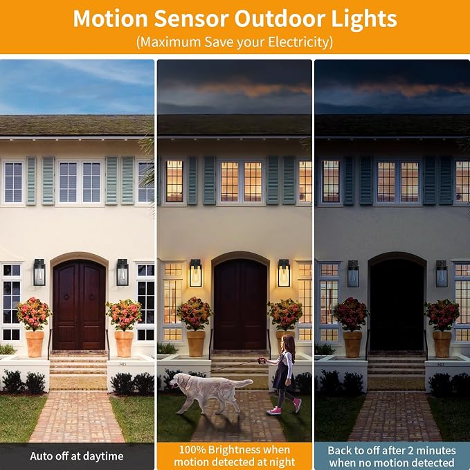 2 Pack 13‘’ Motion Sensor Outdoor Wall Light Fixture, Large Front Porch Lights for House, Exterior Wall Sconce, Black Waterproof Lantern Lamp,Outside Coach Light for Garage Entryway Yard
