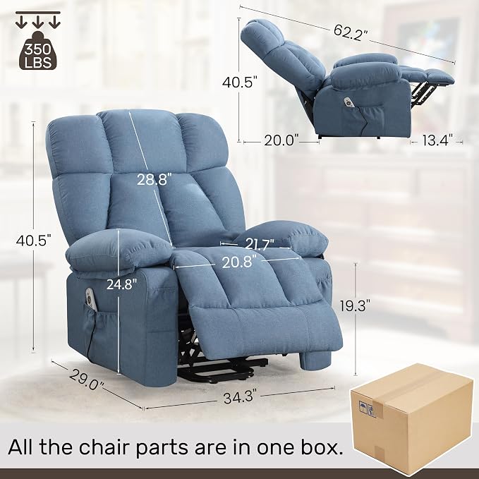 Power Lift Recliner Chair for Elderly, Big and Tall Lift Chair with Massage and Heat for Living Room, Fabric Electric Recliner Chairs with 4 Side Pockets, USB Charge Port,Blue
