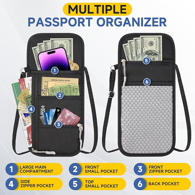 RFID Blocking Passport Holder for Travel Neck Wallet with Adjustable Lanyard 6 Compartments Pouches Passport Wallet for Family (Navy Blue)