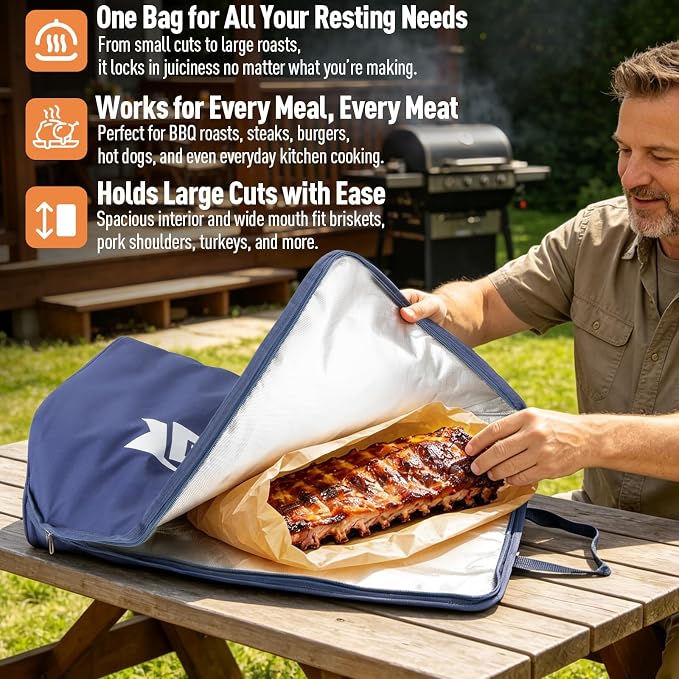 Upgraded BBQ Blanket for Resting Meat -Smoker Accessories Insulated Meat Resting Bag with Wide Mouth for Brisket/Steak/Pork Shoulder/Turkey - BBQ Accessories Grilling Gifts for Men (Blue, 21inch)