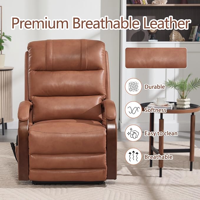 Power Lift Recliner Chair for Elderly People, Dual Motor Lift Chair with Vibration Massage and Heat, Lay Flat Recliner with Solid Wood Armrest, Standing Assistance Reclining, Faux Leather Yellow Brown