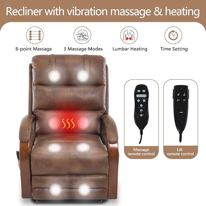 Power Lift Recliner Chair for Elderly People, Dual Motor Lift Chair with Vibration Massage and Heat, Lay Flat Recliner with Solid Wood Armrest, Standing Assistance Reclining, Faux Leather Brown