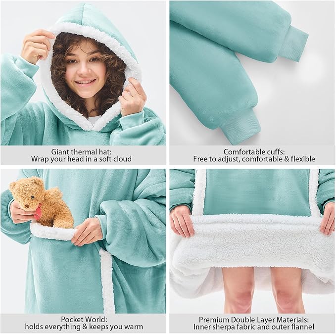 JOYWOO Wearable Blanket Hoodie,Oversized Cat Lovers Sweatshirt Blanket for Adult & Teens, Birthday Gifts for Women Men Mom Girl Boys,Cozy Sherpa Fuzzy Blanket Giant Pocket Gifts,Blue Gray Small