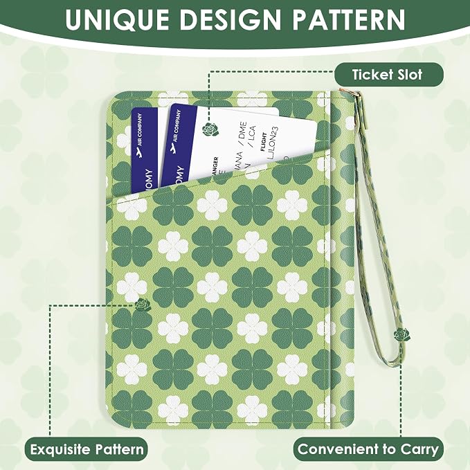 KONVINIT Four Leaf Passport Holder For Travel, Passport Cover For Women | Leather RFID Blocking Passport Holder, Cute Passport Wallet with Zipper Closure, Passport Case for Women and Men