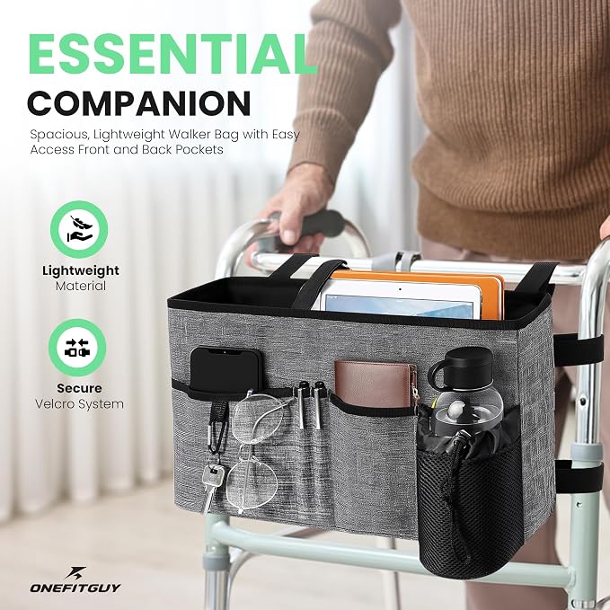 Walker Bag with Cup Holder & Multiple Pockets – Large Capacity Folding Walker Organizer, Caddy with Side Bottle Pocket & Carry Handles – Walker Accessories for Seniors & Elderly (Gray)