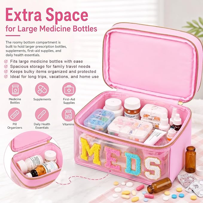 Geetery Double Layer Meds Makeup Bag with Chenille Letter, Clear Travel Medicine Bag for Women, Dual Compartment Cosmetic Organizer, Transparent Toiletry Pouch for Travel, Pink Pill Organizer Case