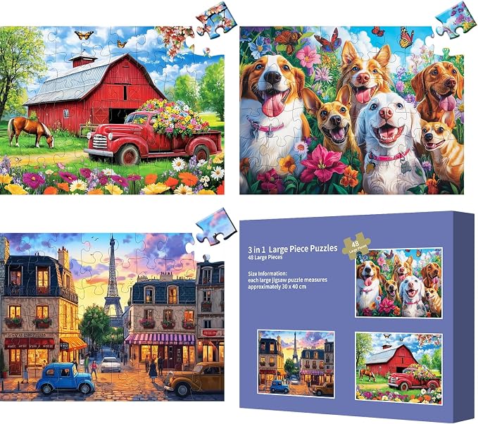 3 Packs 48 Large Piece Puzzle for Seniors,Dementia Alzheimer's Products Activities for Elderly Adults,Easy Puzzle Alzheimer’s Memory Cognitive Game Gift for Patient in Nursing Home with 6 Storage Bags