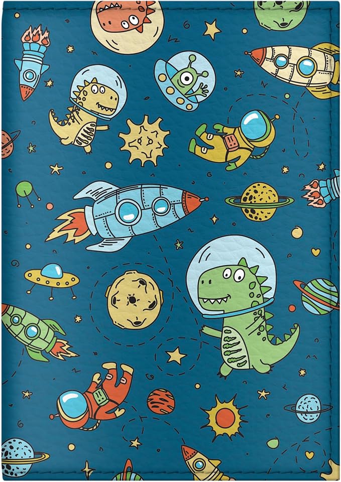 Passport Cover for Kids, Women and Men, Cute Travel Passport Holder (Dinosaur Rocket Pattern)
