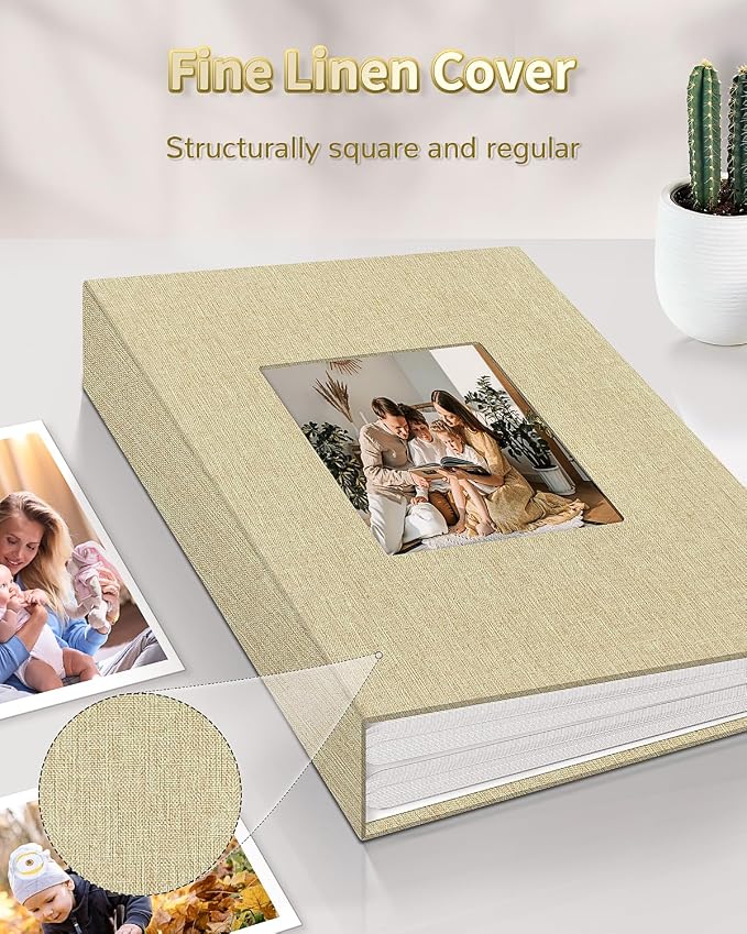 Artfeel Photo Album 4x6 with 100 Pockets,Slip-in Picture Albums,Linen Cover Memory Book with Front Window,White Page Vertical Photo Book for Wedding,Family,Anniversare,Baby,Vacation
