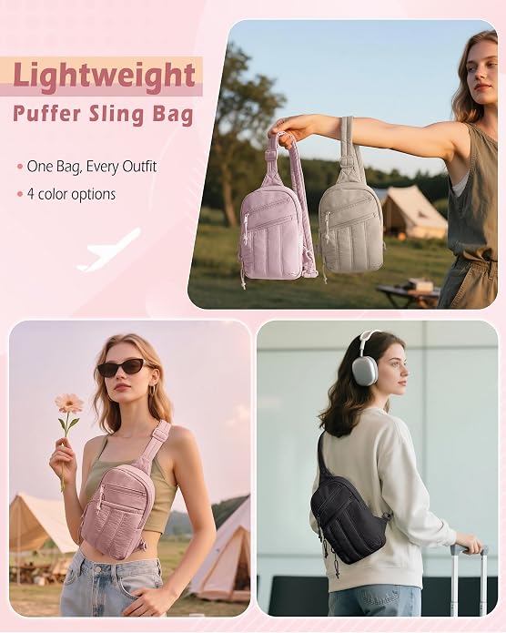 Smasrob Puffer Sling Bag for Women with RFID Blocking Pocket | Hidden Water Bottle Holder, Small Crossbody Bag with Multiple Pockets