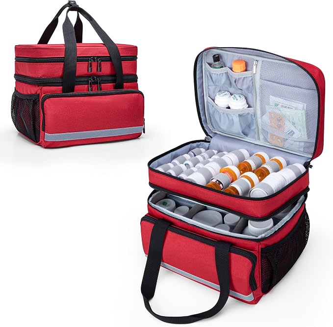 CURMIO Double Layers Pill Bottle Organizer, Medicine Storage Case, Red | Emergency Medical Supplies for Home Care, for First Aid Kits, Multifunctional Bag, Home Storage, Dormitory, Travel, Empty Bag