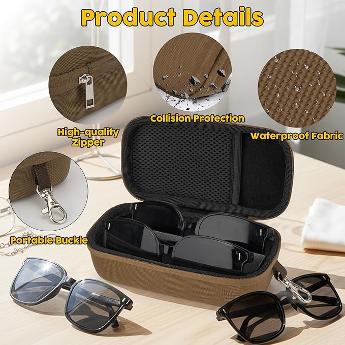 Double Eyeglasses Case,Hard Shell Glasses Case Travel Sunglasses Organizer with Adjustable Slot & Clip for Men Women
