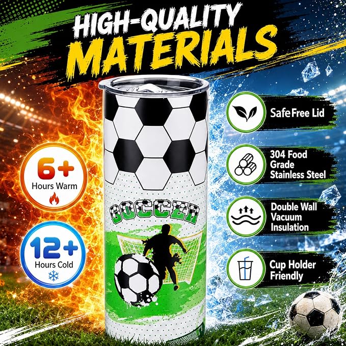 Geiserailie 2 Pack Soccer Tumbler Cups Gifts 20 oz Insulated Stainless Steel Sports Travel Mug with Lids Straws for Christmas Father's Day Men Dad Soccer Lovers Fans