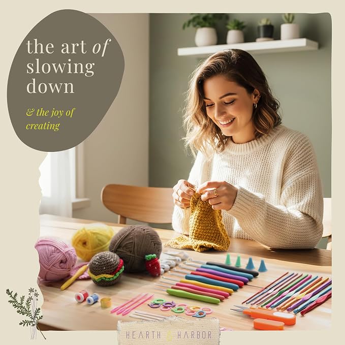 Hearth & Harbor Crochet Kit 114 Piece with 1500 Yards Assorted Yarn Kit, Ergonomic Hooks, Crocheting Instruction, Knitting & Crochet Supplies - Beginner Crochet Kits for Adults, Ideal for Amigurumi