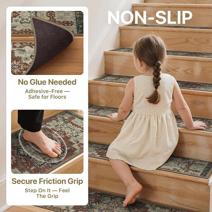 sarben 8"x30" Non Slip Stair Treads for Wooden Steps 15 Pack, Annatto | Peel and Stick Carpet Stair Runner with TPE Adhesive Backing, Carpet for Added Safety, Pet and Senior Friendly