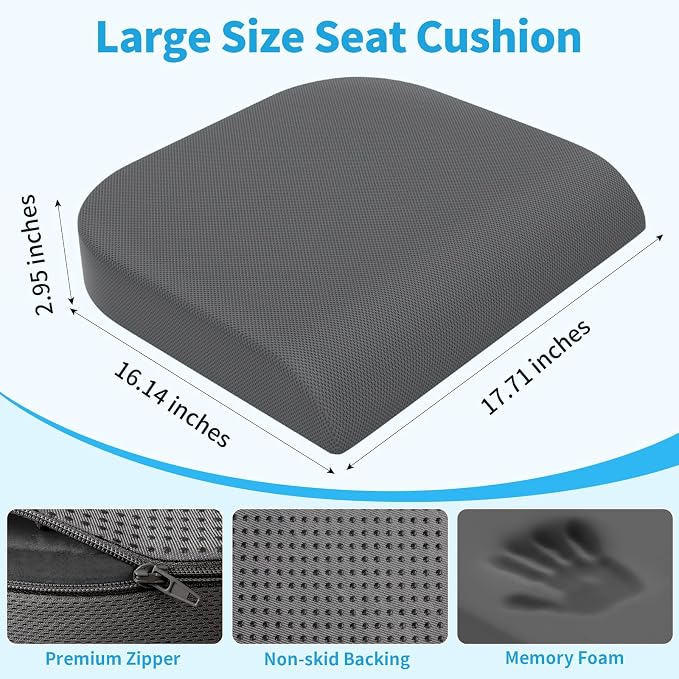 TranquilRelax Memory Foam Seat Cushion for Office Chair, 3-Inch, Gray | Medium-firm Support for Long Sitting, Washable Mesh Cover, Non-slip Base, Perfect for Car Seats & Short Drivers