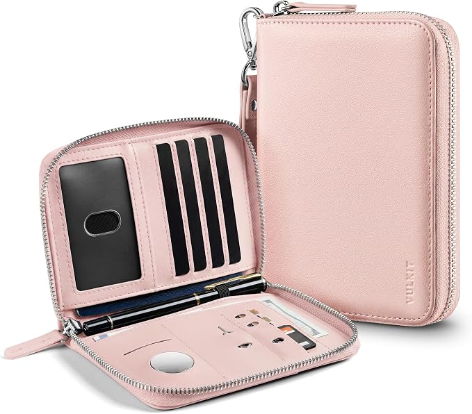 VULKIT Passport Holder for Travel with Airtag Slot RFID Blocking | Premium Nappa Leather Zipper Closure with Wrist Strap Travel Document Organizer for Passport Tickets Cash Cards Sim Cards