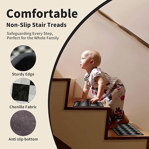 Non Slip Stair Treads for Wooden Steps, 4 Pack 8"x30" Washable Carpet | 8x30 in soft chenille polyester stair treads with reusable TPE backing for indoor wood stairs, dogs, kids, and seniors