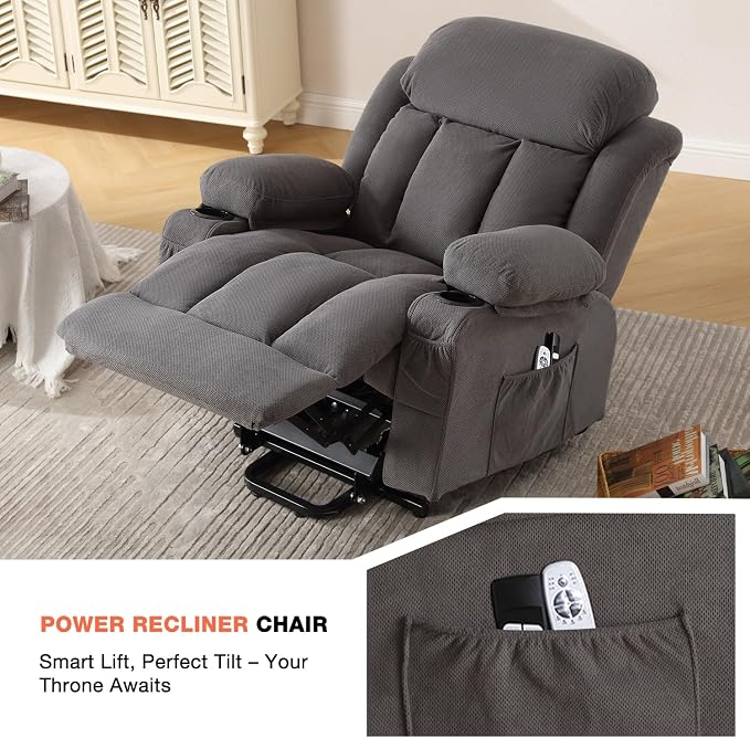 MAHOMICO Power Lift Recliner Chair for Elderly with Vibration Massage and Lumbar Heating,Electric Lift Recliner Single Sofa with Side Pocket,Two Cup Holders and USB Charge Port for Living Room