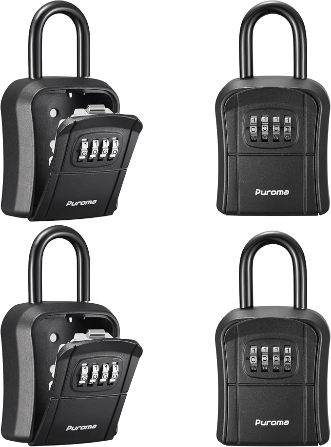 Puroma Key Lock Box Outdoor 4 Digit Code Combination Lockbox House, 4 Black | For Contractors Guest Realtor Storage Keys, Portable, Home Wall Mount, Resettable, Combination, Weatherproof, High-capacity