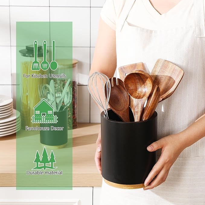 2 Pack Wooden Utensil Holder, 360°Rotating Kitchen Cooking Utensil Crock, Spoon Spatula Holder for Kitchen Counter, Farmhouse Countertop Organizer(Black,Round)