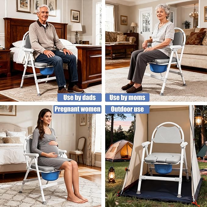 4 in 1 Folding Bedside Commode Chair for - Adjustable Height Adults Potty Chair with Arms, Back & 30 PCS Cleaning Bag for Seniors, Pregnant Women & Post-Surgery - Supports 360 lbs (PU Soft Seat)